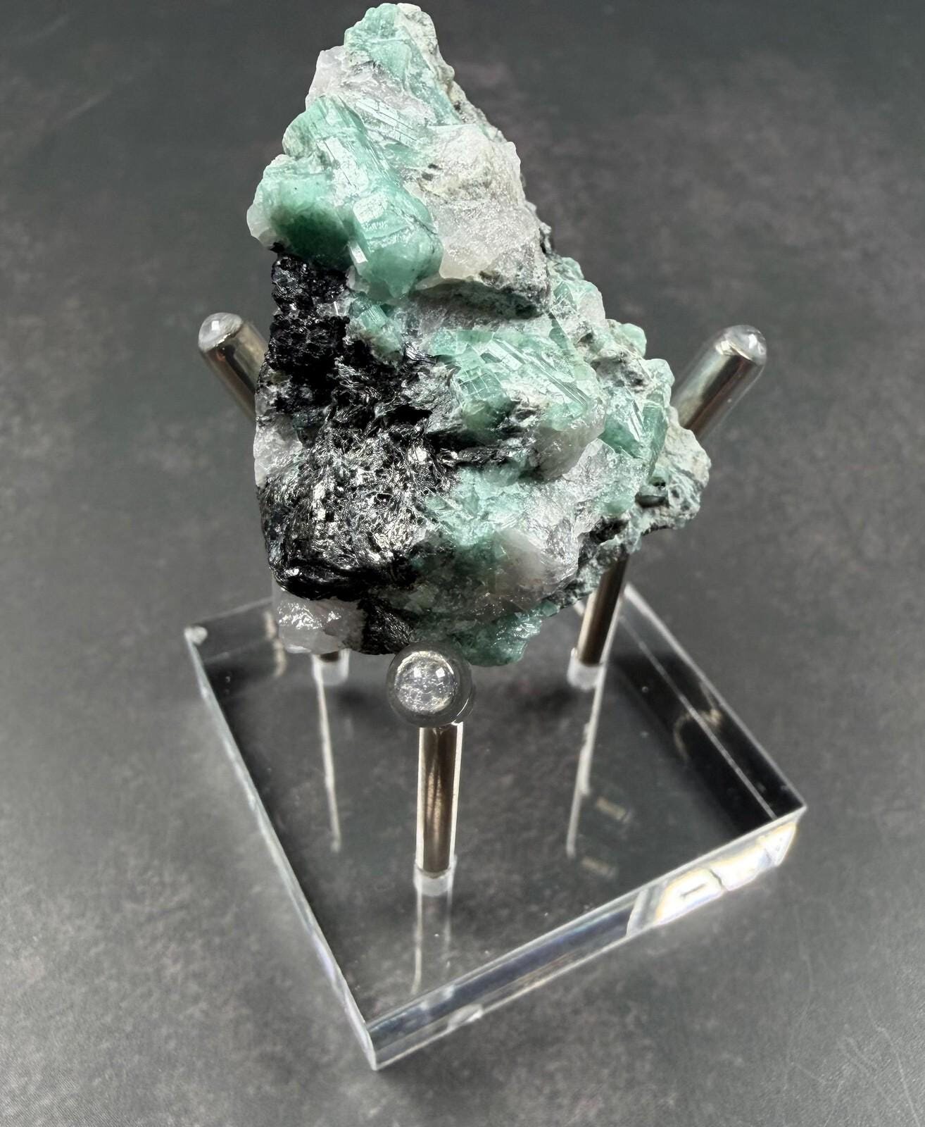 Emerald Crystal Cluster on Quartz and Black Mica 50 mm Mineral Specimen, view 2 of 4